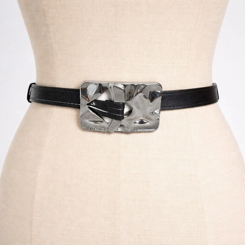 Chico’s Brutalist Silver Hammered Buckle Leather Belt medium large Vintage y2k